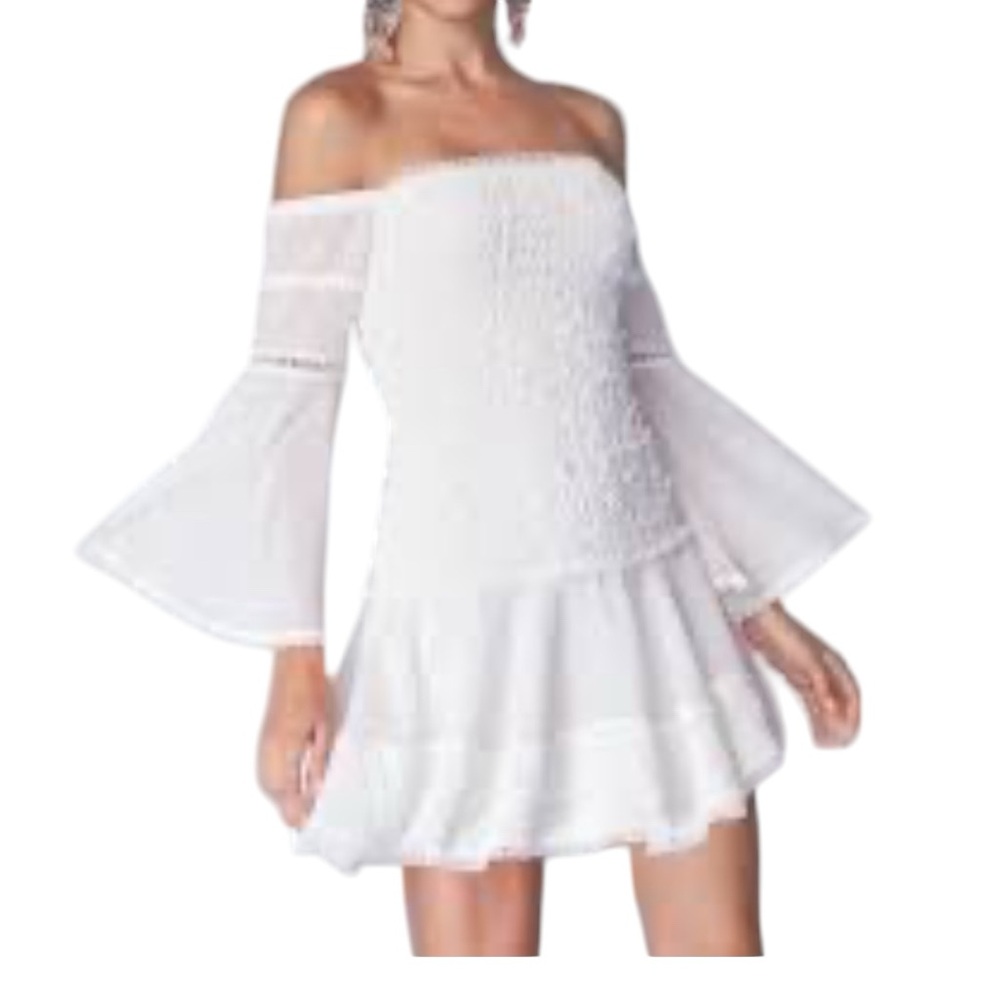 White Mini off the shoulder dress by VENUS. Bell sleeve boho style mini